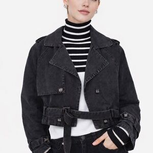 Princess Polly Cropped Black Denim Belted Jacket NWT | Utility Trench Style